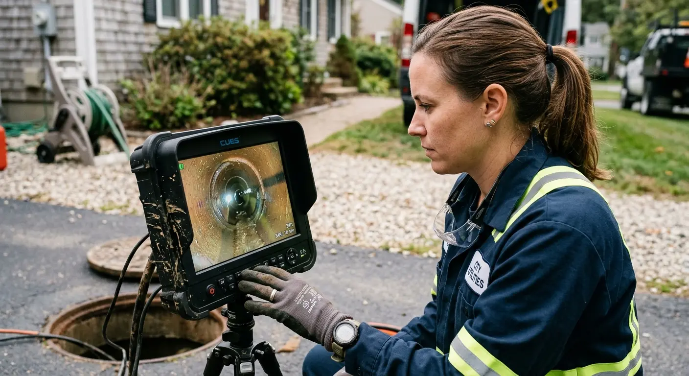 Technician reviewing sewer camera inspection footage in Lewisburg