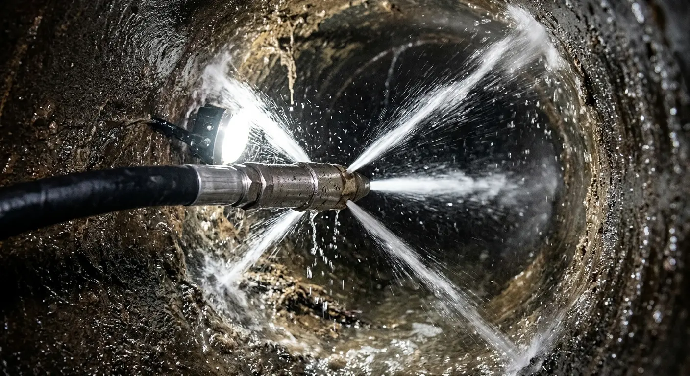 High-pressure hydro jetting nozzle cleaning sewer pipe for Trenchless Sewer Repair in Lewisburg